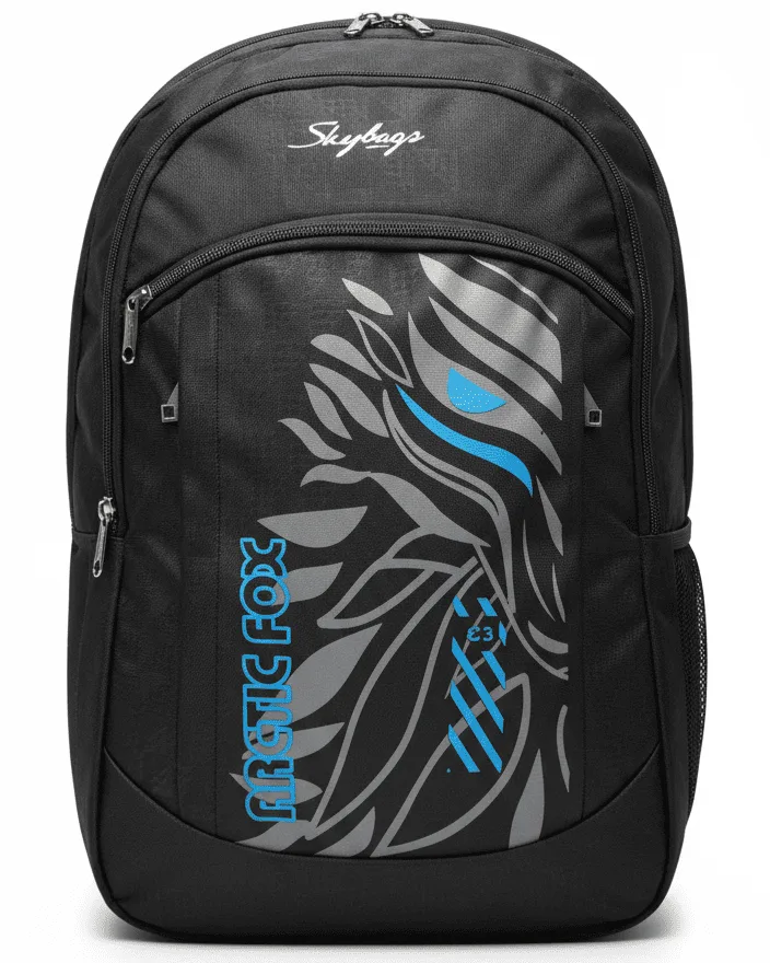 Skybags Black Arctic‑Fox Backpack 20"/24L | Clean Minimal Look | Front Utility Pocket | Side Mesh | Work & College Use