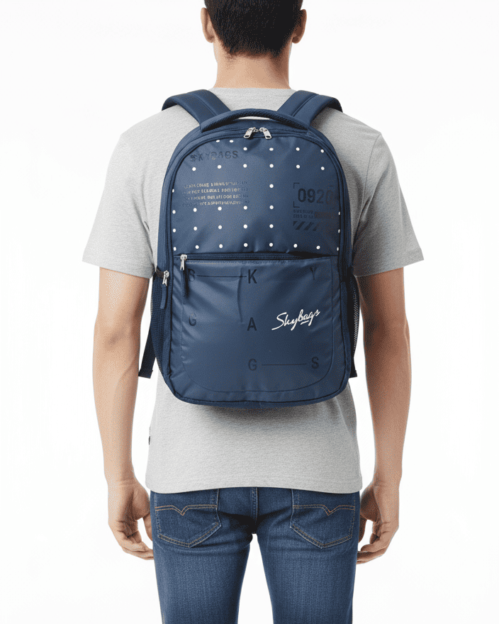 Skybags Blue Polka‑Dot Backpack 21"/35L | Clean Minimal Look | Front Utility Pocket | Side Mesh | Work & College Use