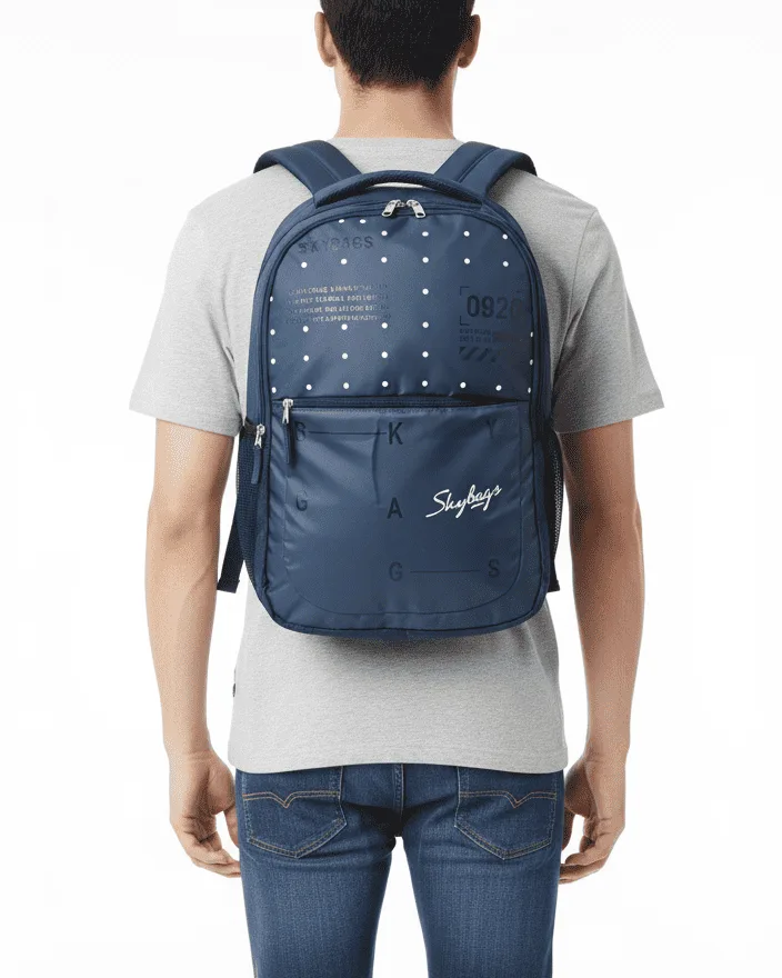 Skybags Blue Polka‑Dot Backpack 21"/35L | Clean Minimal Look | Front Utility Pocket | Side Mesh | Work & College Use