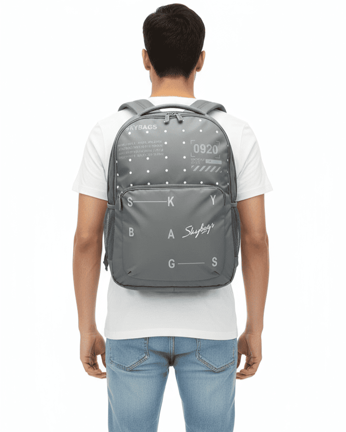 Skybags Grey Polka‑Dot Backpack 21"/35L | Clean Minimal Look | Front Utility Pocket | Side Mesh | Work & College Use