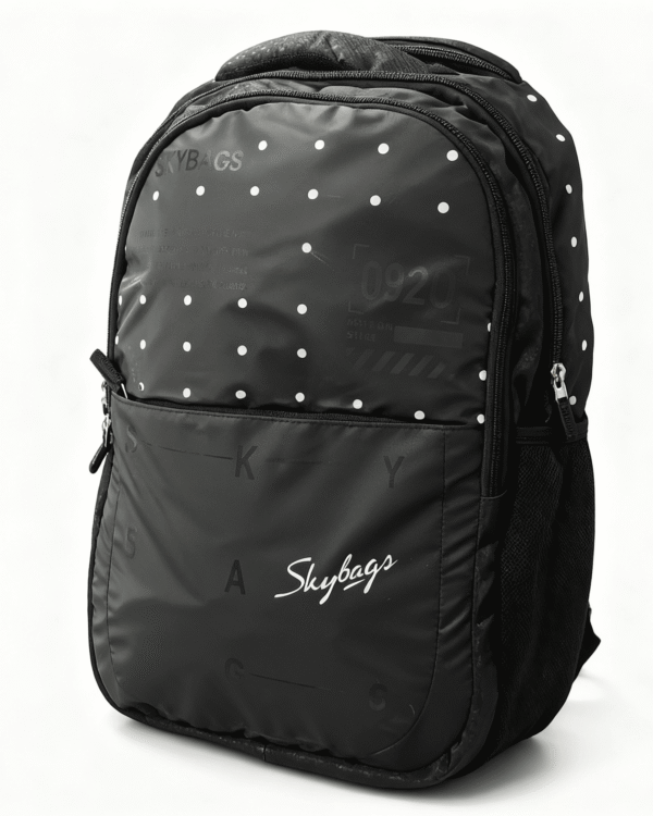 New Skybags Black Polka‑Dot Slim Backpack 20"/27L | Clean Minimal Look | Front Utility Pocket | Side Mesh | Work & College Use