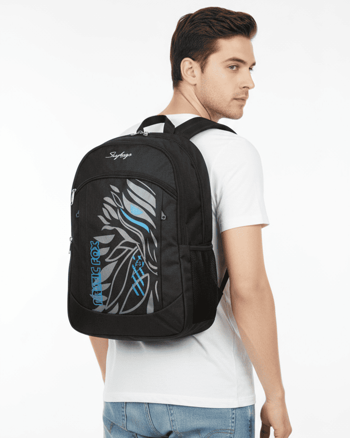 Skybags Black Arctic‑Fox Backpack 20"/24L | Clean Minimal Look | Front Utility Pocket | Side Mesh | Work & College Use